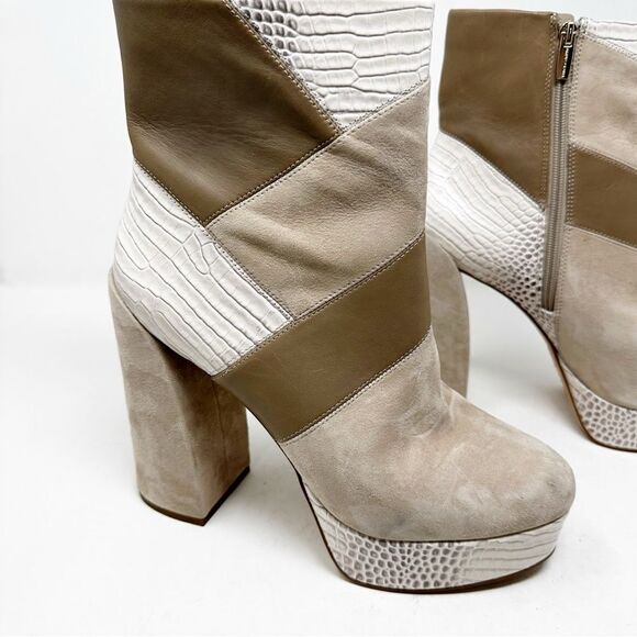 Vince Camuto Gilisama Beige Cream Suede Platform Heel Booties Patchwork Retro - Picture 3 of 10